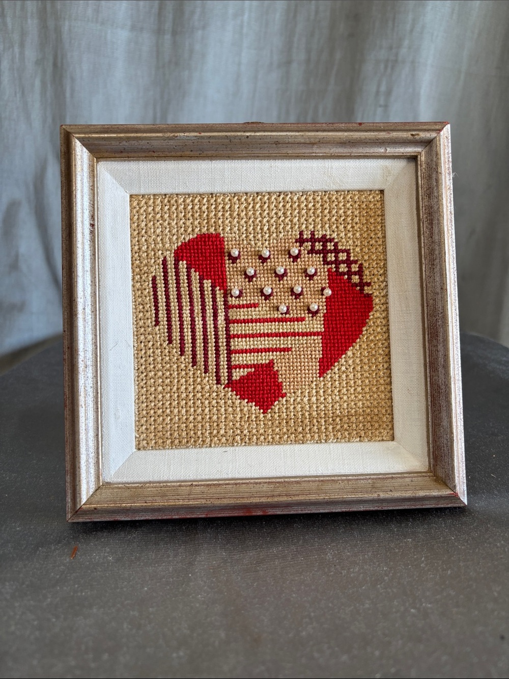 Framed Red Heart Needlepoint Wall Art